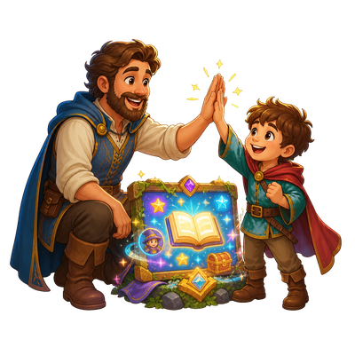 Padre y niño celebrando un acierto de lectura